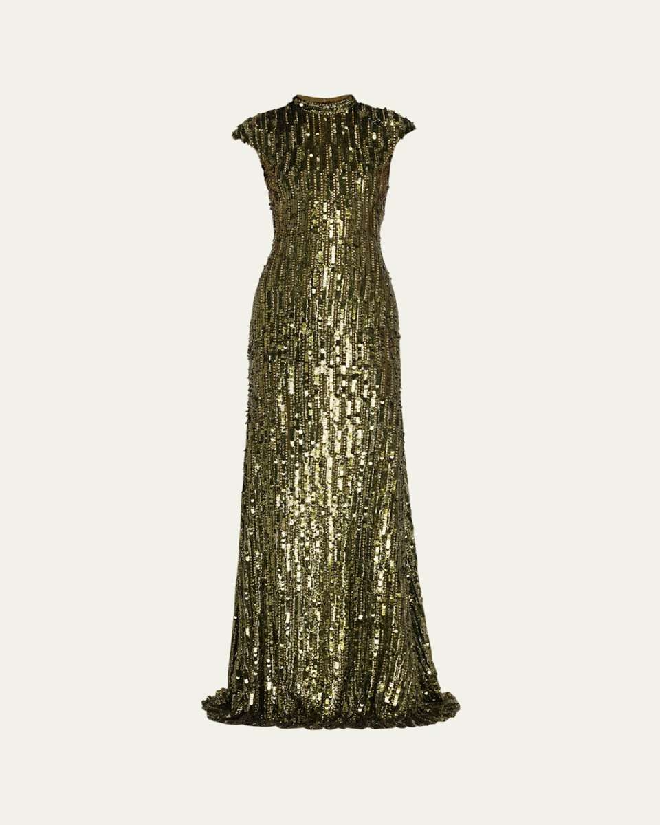 Mock-Neck Cap-Sleeve Sequin Gown